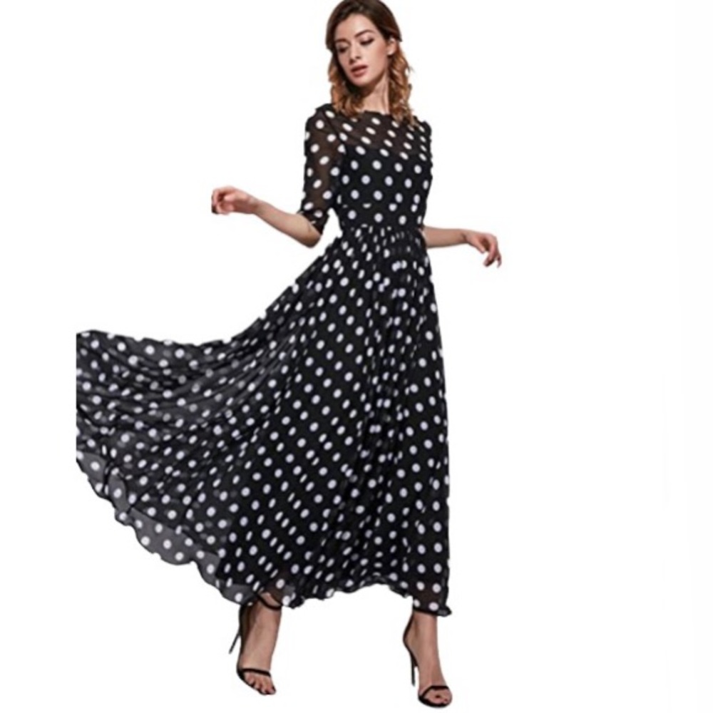 Floryday Women's Chiffon Polka Dot Half Sleeve Maxi Dress - Picture 2 of 16
